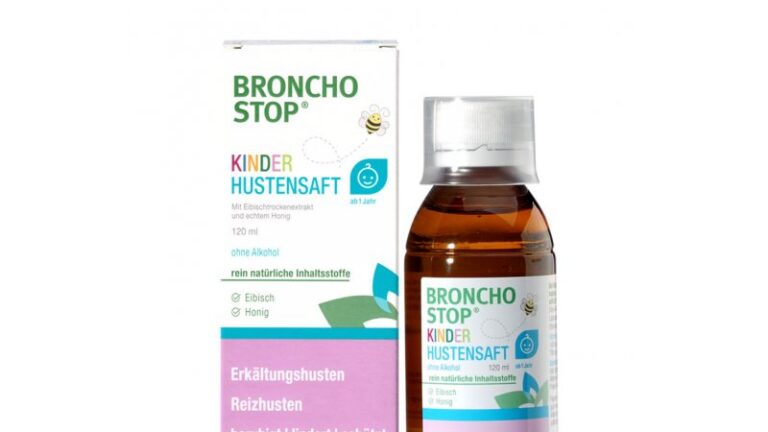 Broncho Stop Kinder Hustenstift mit Eibisch und Honig in einer 120 ml Flasche und Verpackung in hellem Design.