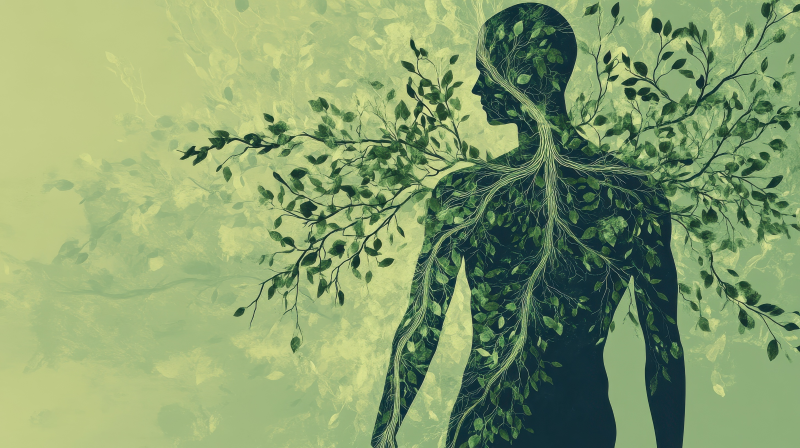 Lymphsystem.png Menschliche Silhouette mit verzweigten Pflanzen und Blättern, die organisch miteinander verschmelzen.