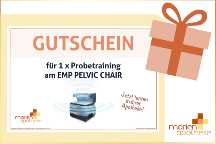 Gutschein für 1 x Probetraining am EMP PELVIC CHAIR, gestaltet mit einem Geschenk-Icon.