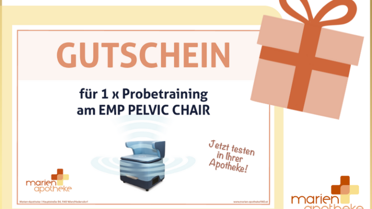 Gutschein für 1 x Probetraining am EMP PELVIC CHAIR, gestaltet mit einem Geschenk-Icon.