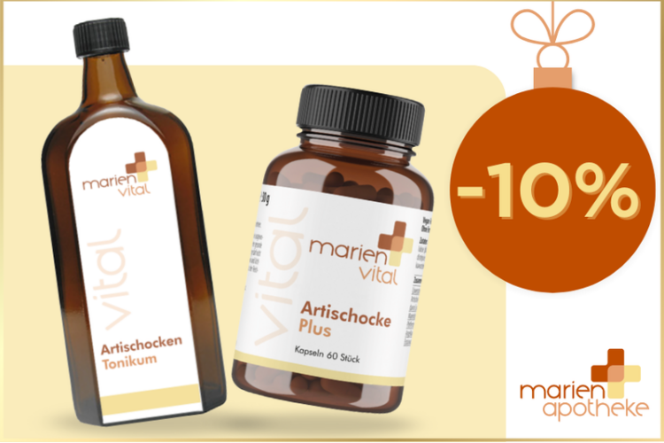 Zwei Produkte von marien vital: ein Artischocken Tonikum und Kapseln mit Artischocke Plus, mit einem Rabatt von 10%.