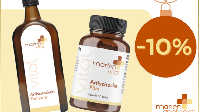 Zwei Produkte von marien vital: ein Artischocken Tonikum und Kapseln mit Artischocke Plus, mit einem Rabatt von 10%.