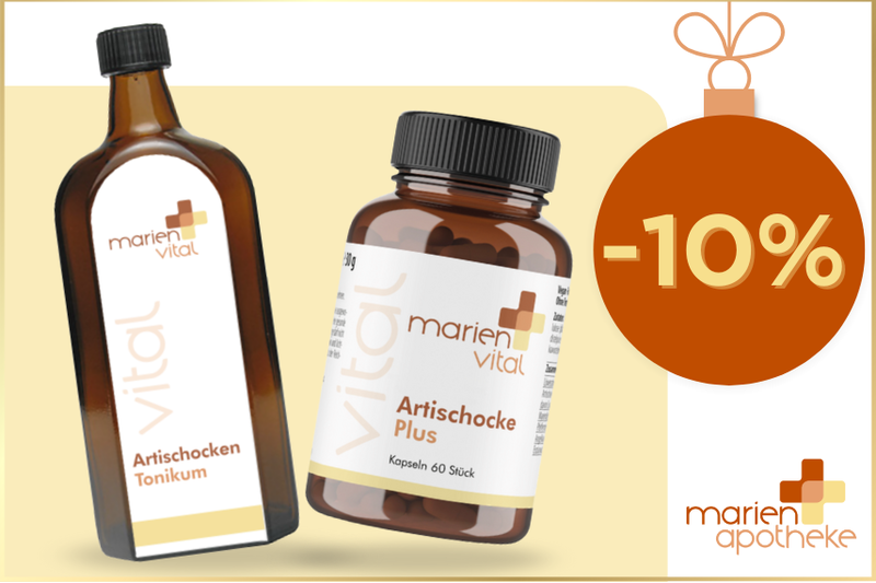 Artischoke.png Zwei Produkte von marien vital: ein Artischocken Tonikum und Kapseln mit Artischocke Plus, mit einem Rabatt von 10%.