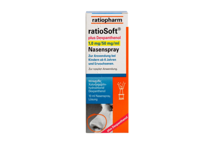 Verpackung eines Nasensprays von ratiopharm, enthält Dexpanthenol für Erwachsene und Kinder ab 6 Jahren zur nasalen Anwendung.