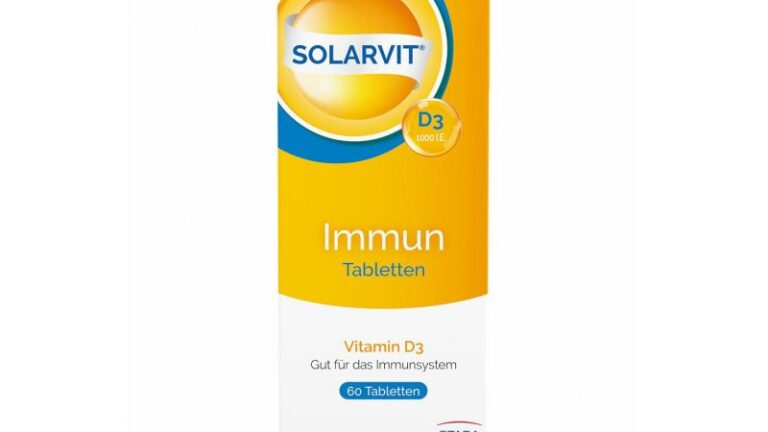 Packung mit Solarvit D3 Tabletten für das Immunsystem in leuchtendem Gelb und Blau.