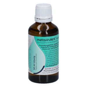 Braune Glasflasche mit weißen Schraubverschluss, enthält homöopathische Tropfen, 50 ml, zur Anwendung bei Erkältungen.