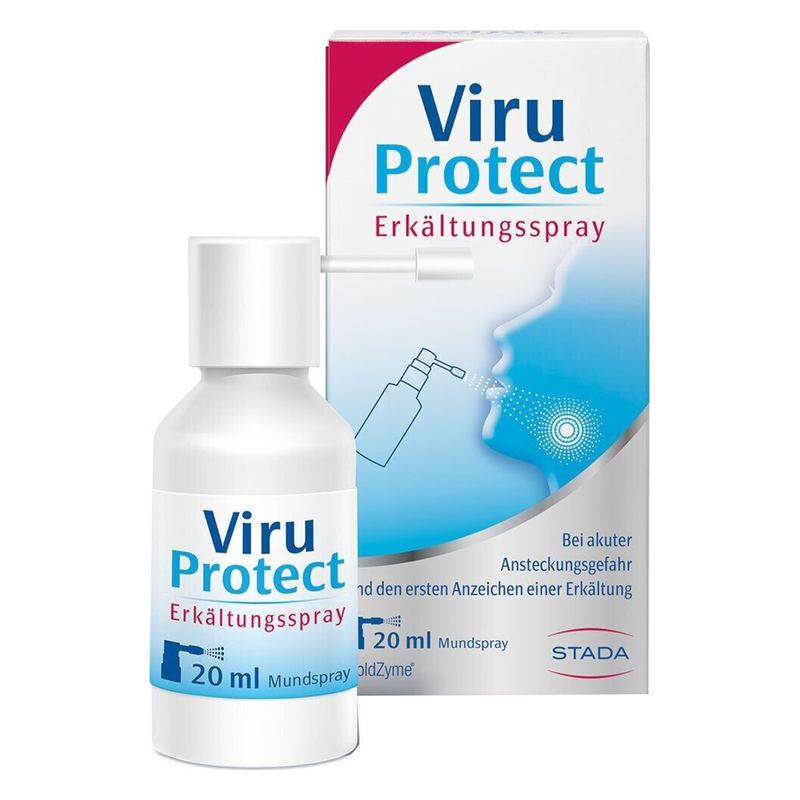 Viru Protect Erkältungspray in einer weißen Flasche mit Sprühaufsatz und Verpackung mit blauen und roten Designelementen.