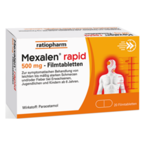 Packung Mexalen rapid 500 mg Filmtabletten zur Behandlung von Schmerzen und Fieber, mit orangefarbenem Design.