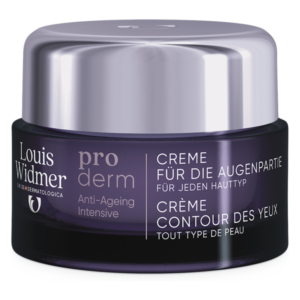 Lila Augencreme von Louis Widmer in einem runden Glasbehälter mit silbernem Deckel und mehrsprachiger Beschriftung.