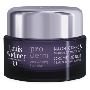 Lila Nachcreme im Glasbehälter von Louis Widmer, für normale und Mischhaut, mit Anti-Aging-Wirkung.