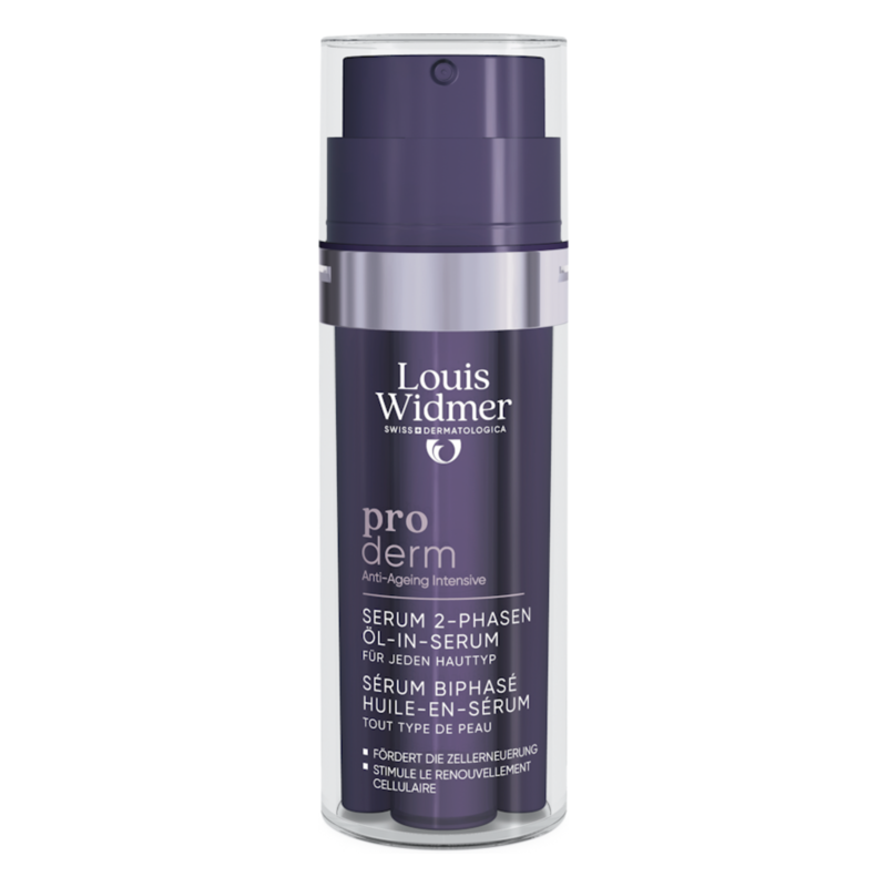 Zweiphasiges Öl-in-Serum in einem transparenten Pumpflakon von Louis Widmer für jede Hautart.