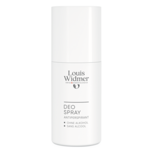 Weißes Deo Spray von Louis Widmer mit alkoholfreier Formel, in einfacher, klarer Verpackung.