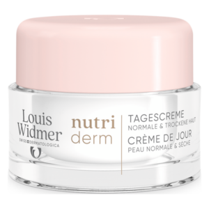 Glasjar mit rosa Deckel, enthält Tagescreme für normale und trockene Haut von Louis Widmer.