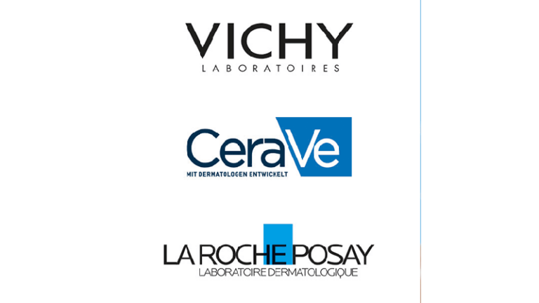 Logos der Marken Vichy, CeraVe und La Roche-Posay, die Hautpflegeprodukte anbieten.