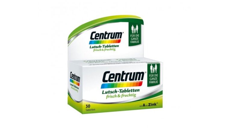Verpackung von Centrum Lutsch-Tabletten mit fruchtigem Geschmack, geeignet für die ganze Familie.