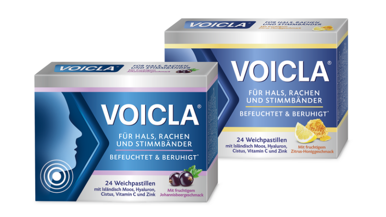 Zwei Verpackungen von VOICLA Weichpastillen für Hals, Rachen und Stimmcords in verschiedenen Geschmacksrichtungen.