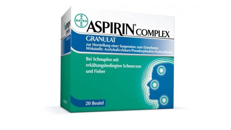 Verpackung von Aspirin Complex Granulat mit Informationen zu Inhaltsstoffen und Anwendung bei Schnupfen und Fieber.