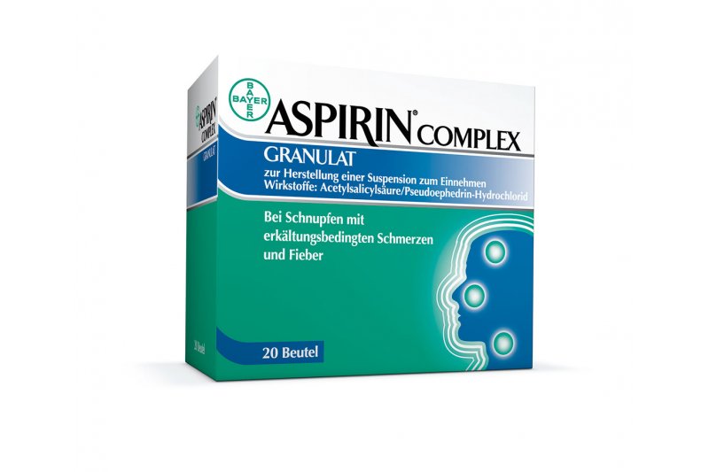 Verpackung von Aspirin Complex Granulat mit Informationen zu Inhaltsstoffen und Anwendung bei Schnupfen und Fieber.