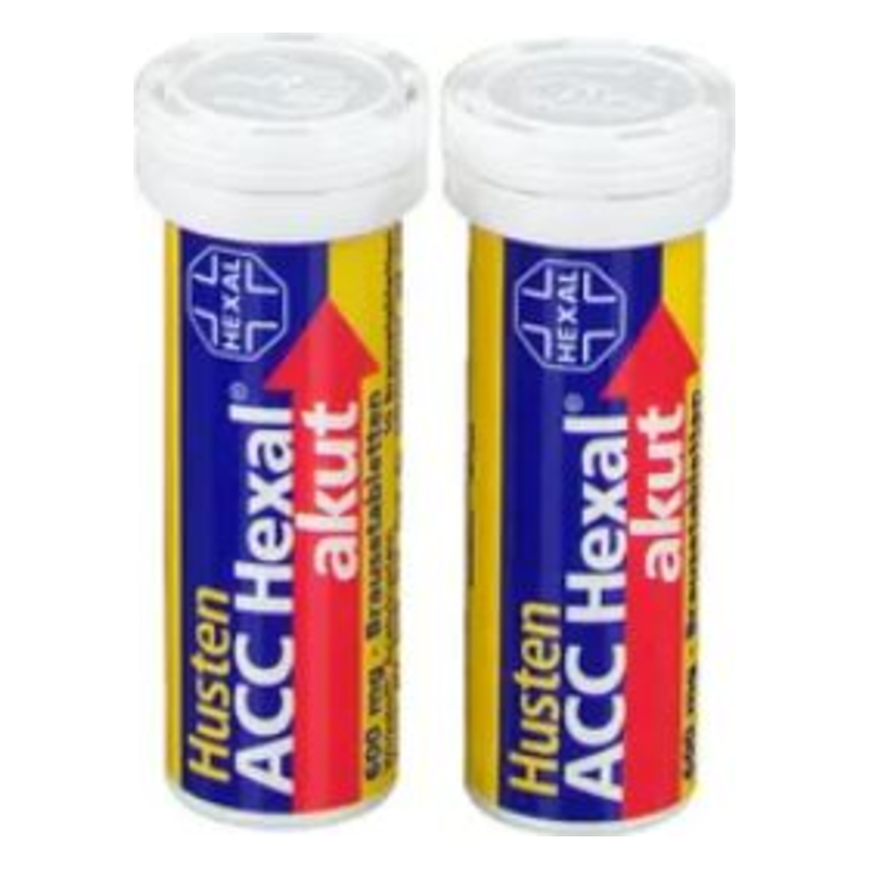 Zwei Röhrchen mit Hustenmittel ACC Akut Hexal, farbig beschriftet mit Logo und Dosieranleitung.