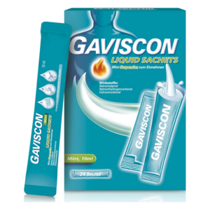 Gaviscon Liquid Sachets in Mintgeschmack, Packung mit 24 Beuteln und Hinweisen zu den Inhaltsstoffen.