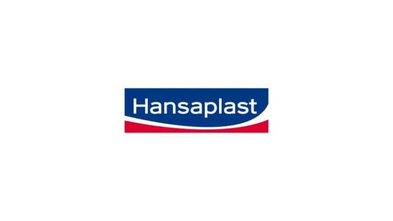 Das Logo von Hansaplast zeigt den Markennamen in weißer Schrift auf blauem Hintergrund und rotem Abschluss.