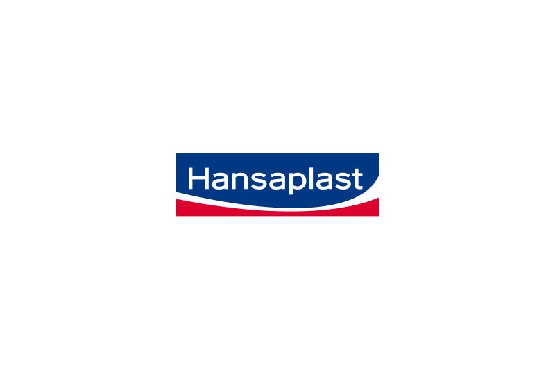 Das Logo von Hansaplast zeigt den Markennamen in weißer Schrift auf blauem Hintergrund und rotem Abschluss.