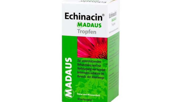 Packung von Echinacin Madaus Tropfen mit grüner und weißer Gestaltung für Atemwegserkrankungen.