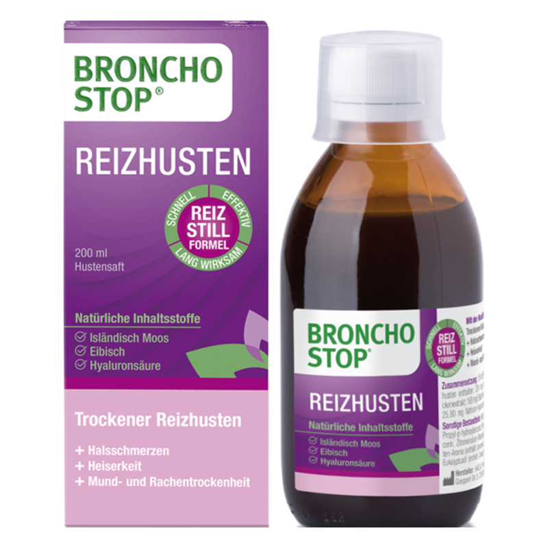 Broncho Stop Reizhusten Hustensaft in einer 200 ml Flasche neben der Verpackung, die Informationen zu Inhaltsstoffen enthält.