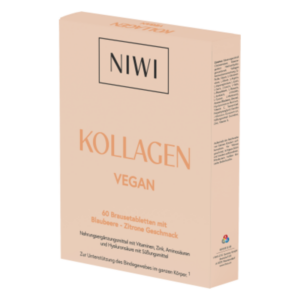 Packung mit veganen Kollagen-Brausetabletten in Kombination mit Blaubeere und Zitrone