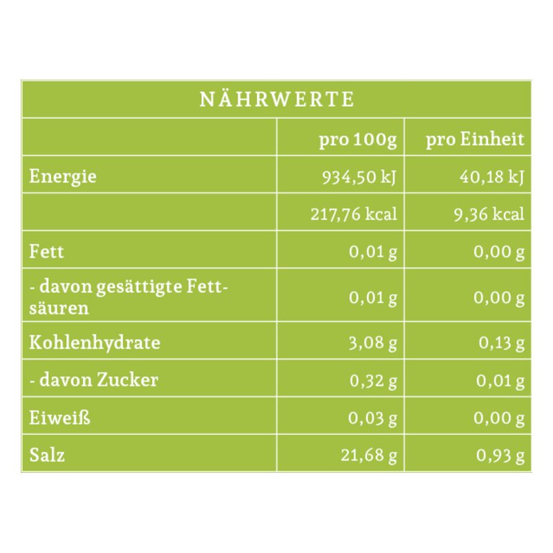 Tabelle mit Nährwertangaben pro 100g und pro Einheit, in grüner Schrift auf hellgrünem Hintergrund.