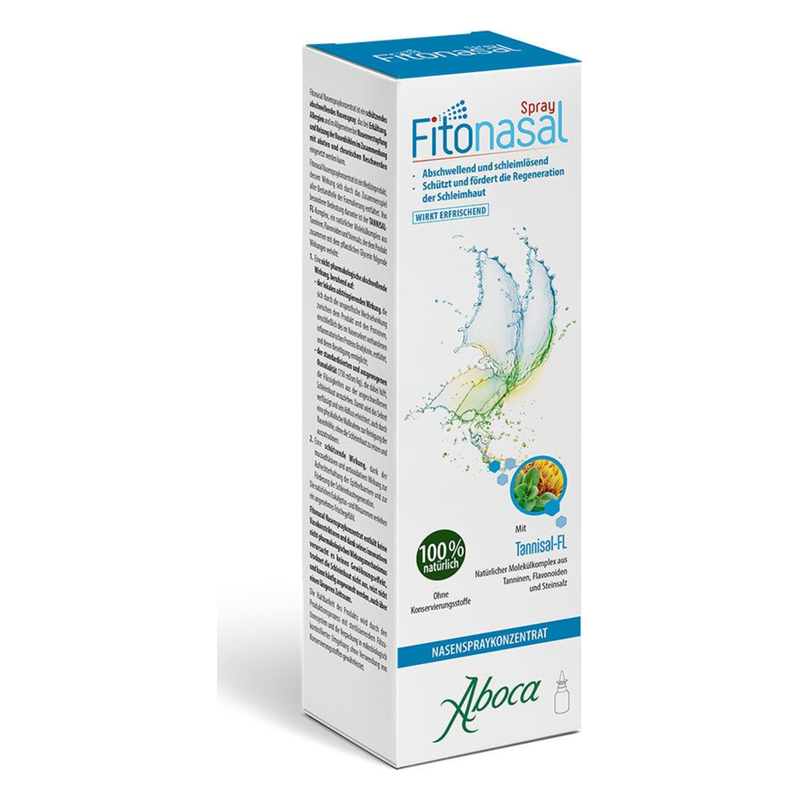 Verpackung eines Nasensprays von Aboca, betont auf natürliche Inhaltsstoffe und Regeneration der Schleimhäute.