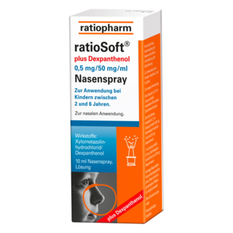 Verpackung von ratioSoft Nasenspray mit Dexpanthenol für Kinder zwischen 2 und 6 Jahren in einer 10 ml Flasche.