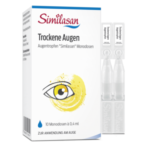 Verpackung von Similasan Augentropfen für trockene Augen mit Monodosen und grafischer Darstellung eines Auges.