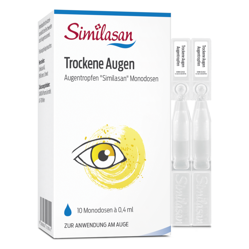 Verpackung von Similasan Augentropfen für trockene Augen mit Monodosen und grafischer Darstellung eines Auges.