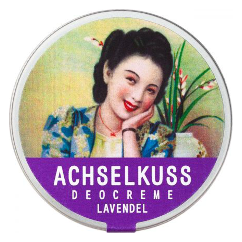 Runde Dose mit Lavendel-Deocreme und einem nostalgischen Frauenporträt im Vintage-Stil auf dem Deckel.