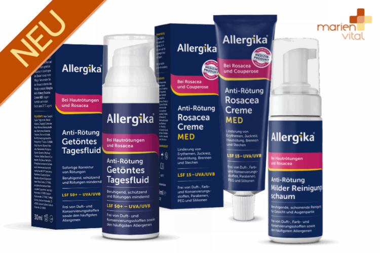 Produktlinie von Allergika gegen Rosacea mit verschiedenen Pflegecremes und einem Reinigungsschaum in blauen Verpackungen.