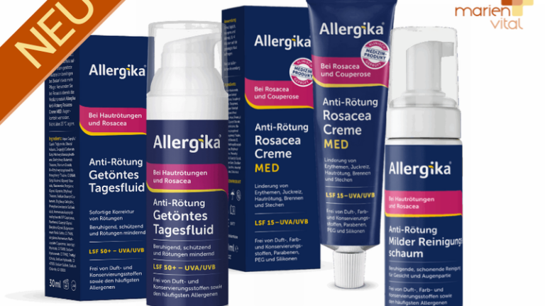 Produktlinie von Allergika gegen Rosacea mit verschiedenen Pflegecremes und einem Reinigungsschaum in blauen Verpackungen.