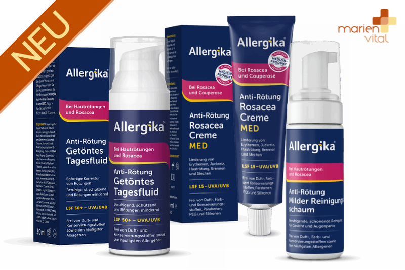 Produktlinie von Allergika gegen Rosacea mit verschiedenen Pflegecremes und einem Reinigungsschaum in blauen Verpackungen.