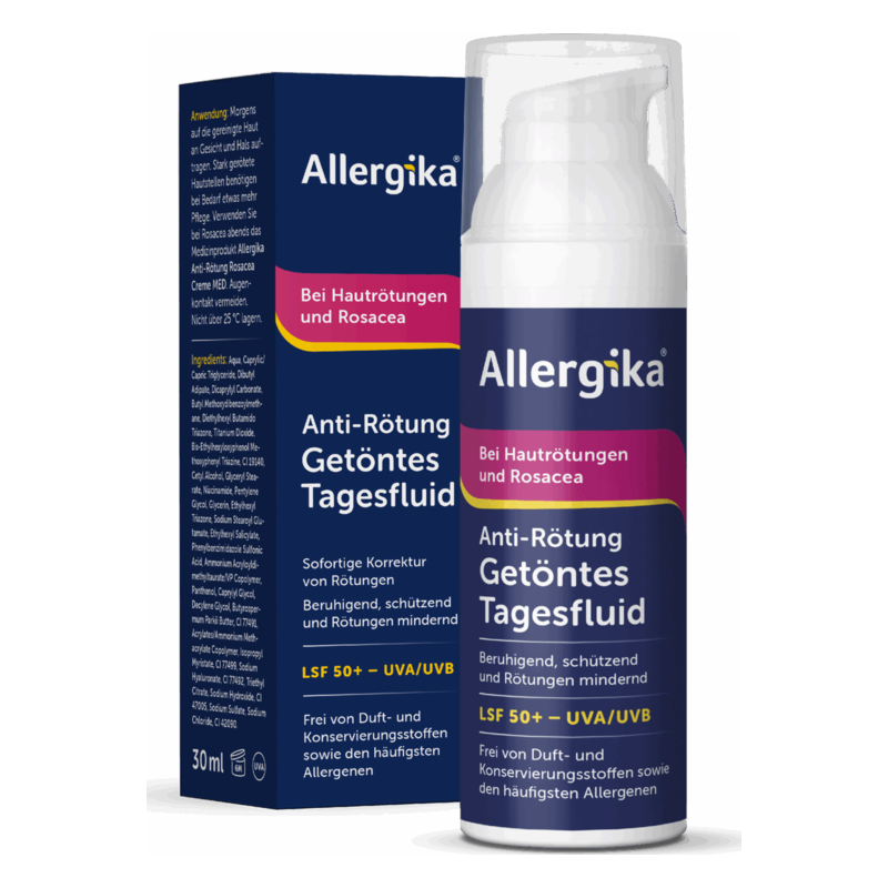 Packung und Spender von Allergika Anti-Rötung Getöntes Tagesfluid für Hautrötungen und Rosacea mit UV-Schutz.
