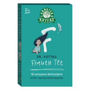 Verpackung des Bio Frauen Tees von Dr. Kottas mit einer Illustration einer Frau und dem Hinweis auf entspannte Wechseljahre.