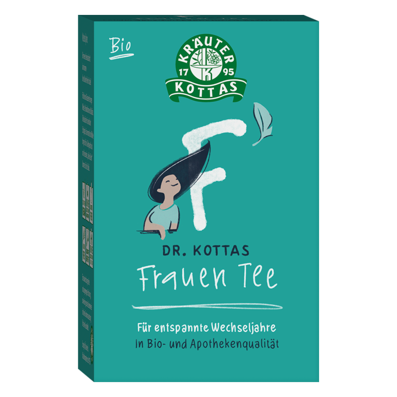 Verpackung des Bio Frauen Tees von Dr. Kottas mit einer Illustration einer Frau und dem Hinweis auf entspannte Wechseljahre.