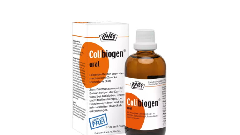 Flasche mit Colibiogen oral, einem medizinischen Lebensmittel in einer Verpackung für spezielle diätetische Zwecke.