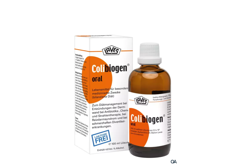 Flasche mit Colibiogen oral, einem medizinischen Lebensmittel in einer Verpackung für spezielle diätetische Zwecke.