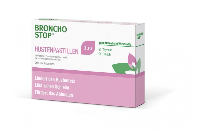 Verpackung von Broncho Stop Hustenpastillen duo mit Informationen zu Inhaltsstoffen und Wirkungen.