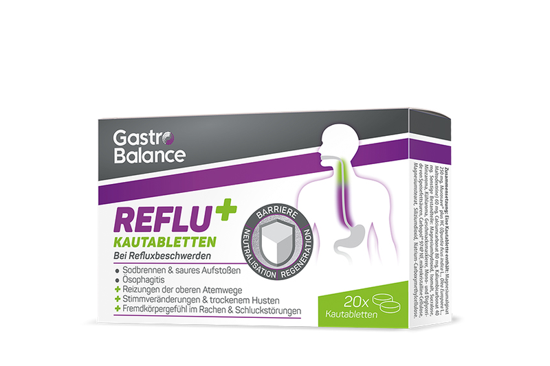 Verpackung von GastroBalance REFLU+ Kautabletten zur Linderung von Refluxbeschwerden, mit Hinweis auf Barriere und Neutralisation.