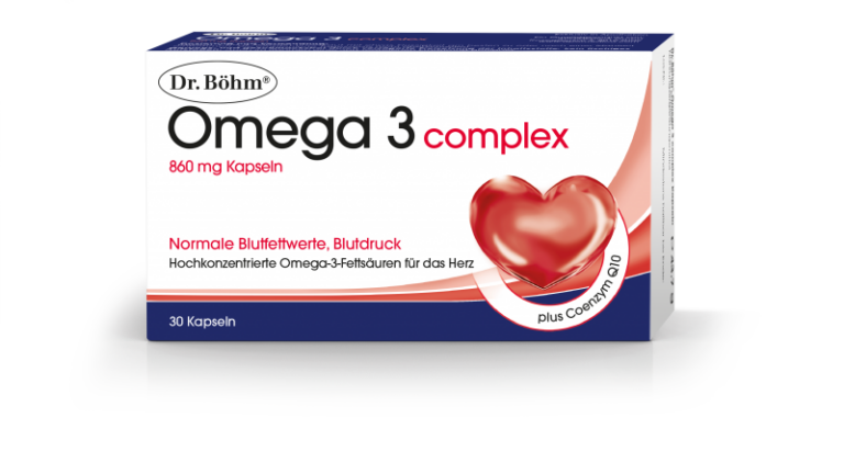 Packung mit 30 Kapseln Omega 3 complex von Dr. Böhm, betont gesundheitliche Vorteile für Herz und Blutdruck.