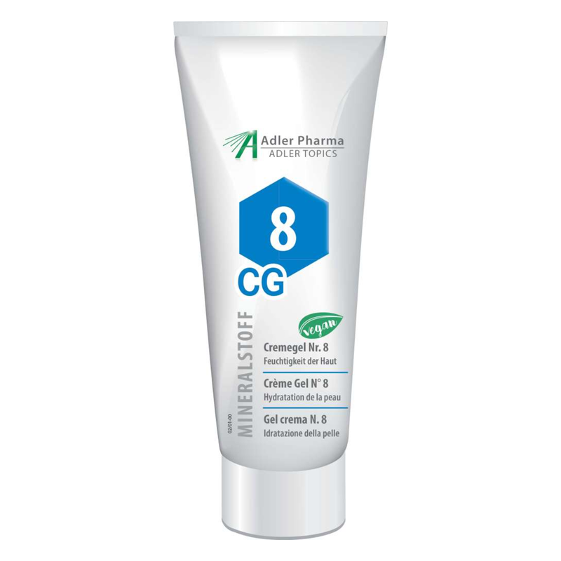 Kunststofftube mit Feuchtigkeit spendendem Cremegel Nr. 8 von Adler Pharma, vegan, in hellen Farben gehalten.