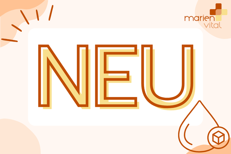 Das Wort 'NEU' in großen orangefarbenen Buchstaben vor einem hellen Hintergrund, ergänzt durch dekorative Icons.