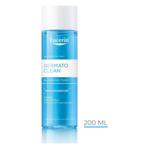 Flasche Eucerin Dermato Clean klärendes Tonic mit 200 ml, blau und weiß, für empfindliche Haut.