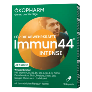 Verpackung von Immun44 Intense von OKOPHARM, mit Walterackern auf grünem Hintergrund und orangefarbenem Element.